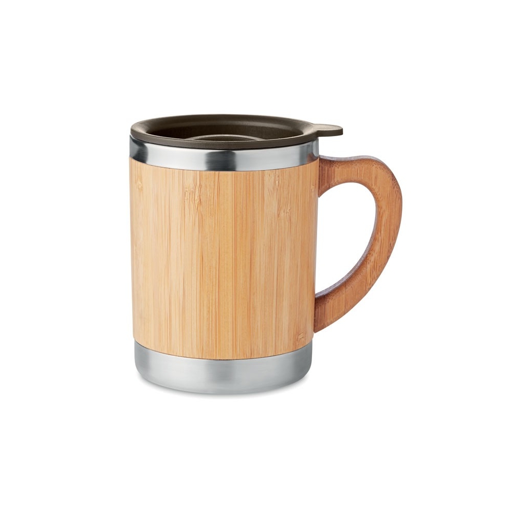 MOKKA Dvipusis nerūdijančio plieno puodelis su bambuko dėklu, 300 ml