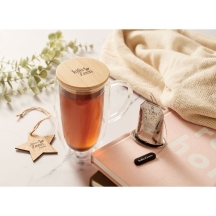 EXISTING NAME Borosilikatinis stiklinis puodelis su rankena ir bambuko dangteliu (450ml)