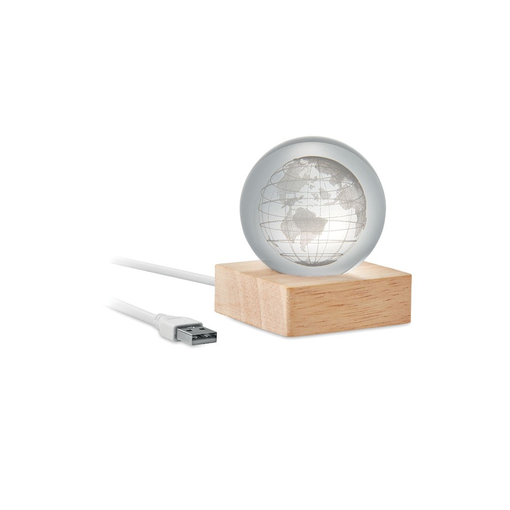 GLOBE LIGHT Stiklinis gaublys su LED apšvietimu ant medienos pagrindo