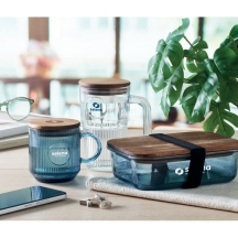 VITRIO MUG Stiklinis puodelis su akacijos dangteliu, 300 ml