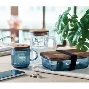 VITRIO MUG Stiklinis puodelis su akacijos dangteliu, 300 ml